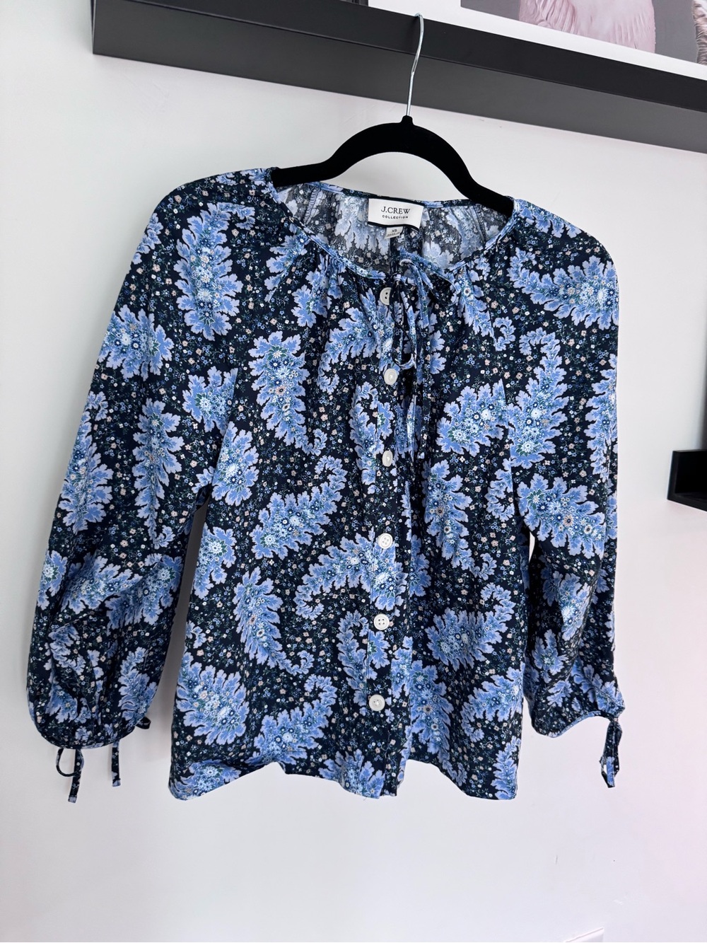 J. Crew Collection Navy and Light Blue Paisley Tie-Neck Blouse